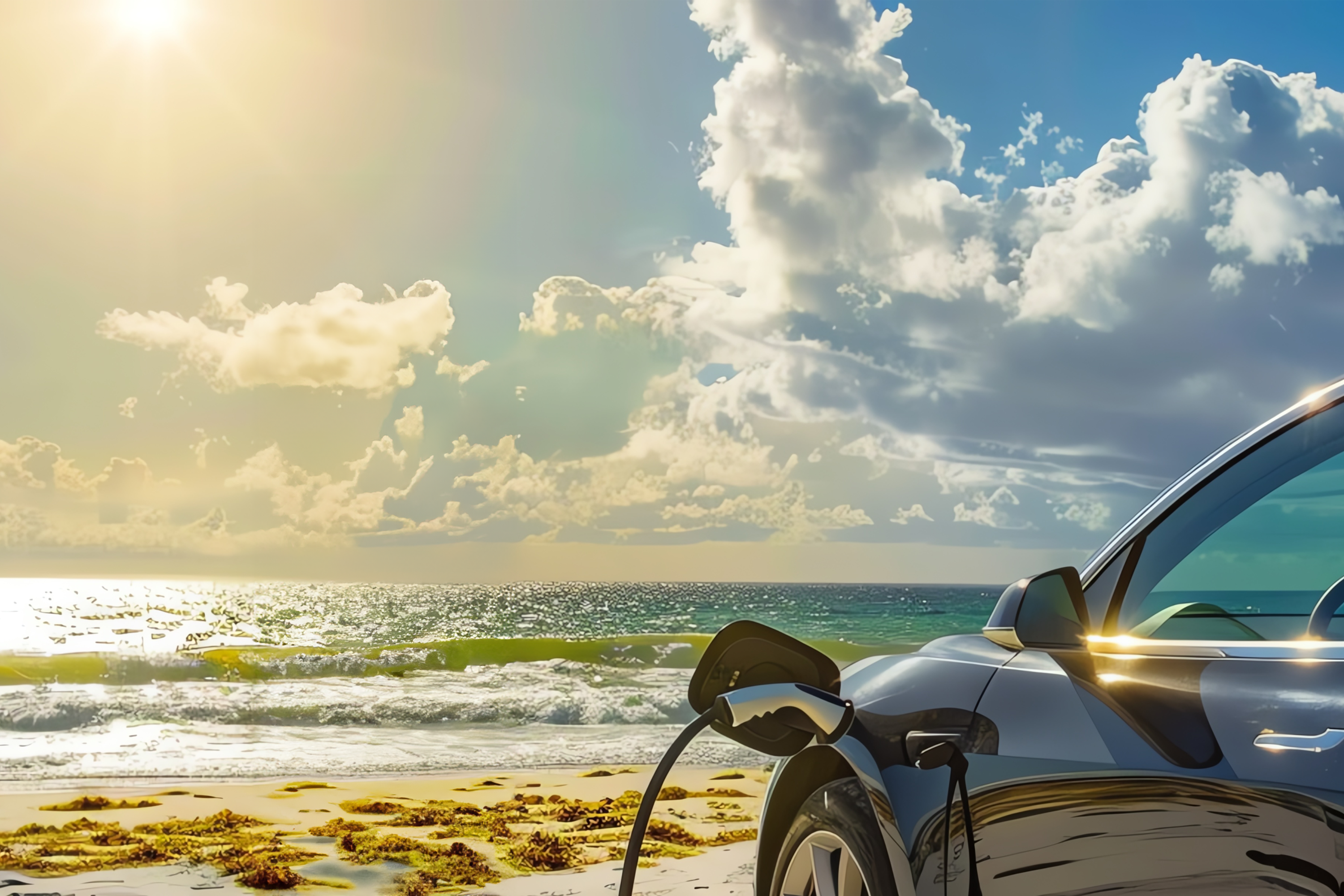 EV battery charging at the beach on a hot summer day 